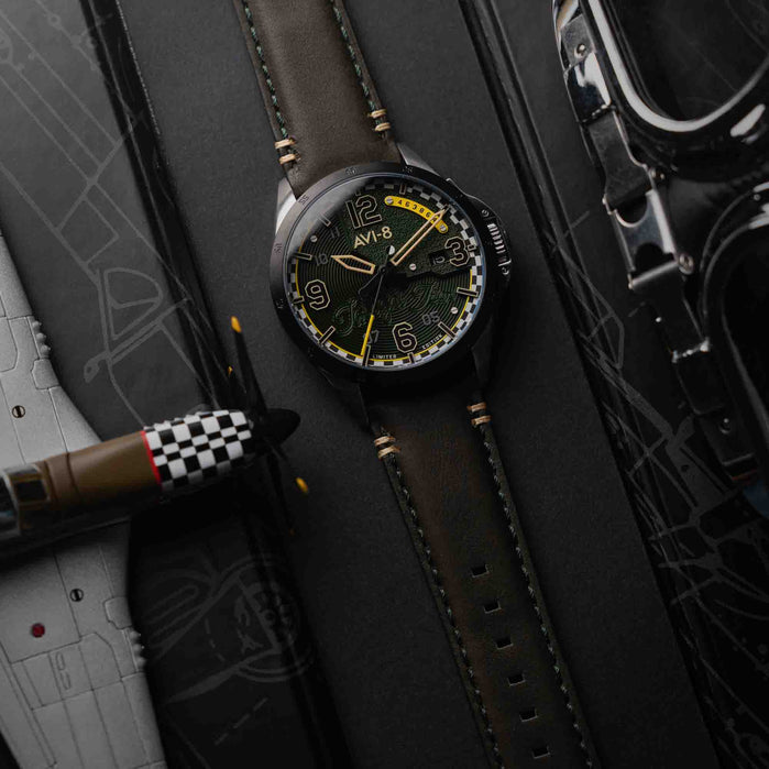 AVI-8 x Watches.com P-51 Mustang Twilight Tear Automatic Green Limited Edition angled shot picture