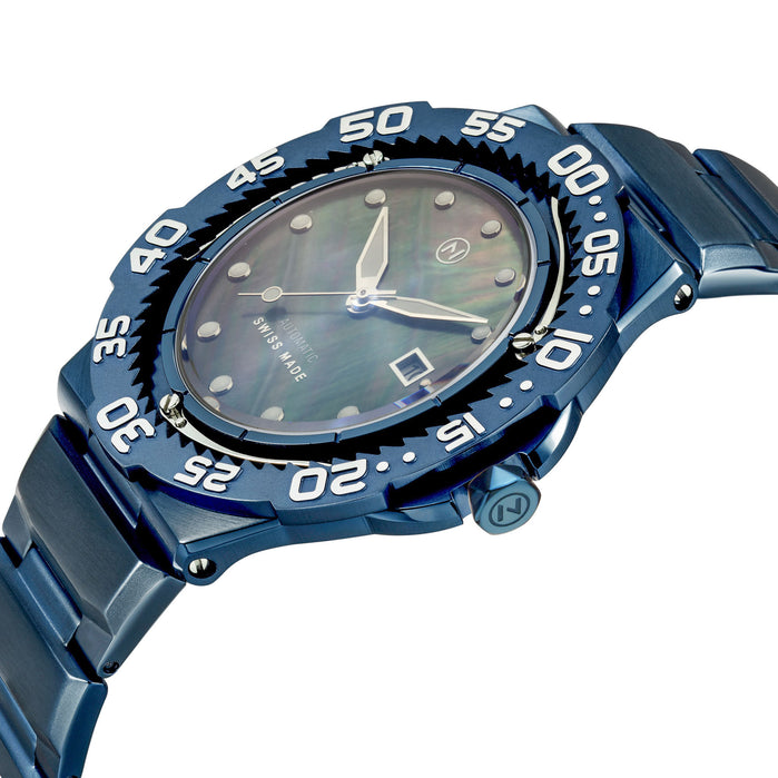 Nove Trident Automatic Ultra Slim Diver Mother Of Pearl Blue angled shot picture