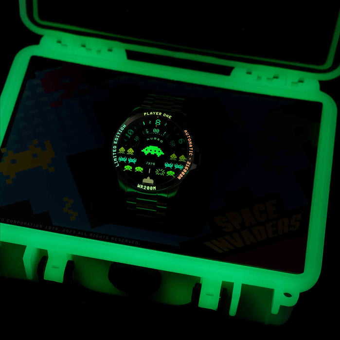 Nubeo Quasar Automatic Space Invaders Straggler Blue Limited Edition angled shot picture
