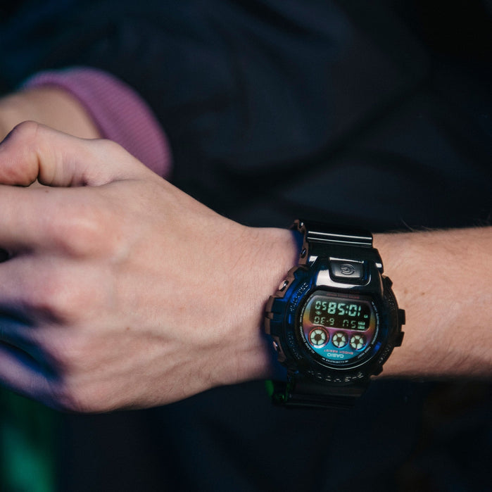 G-Shock DW6900 Gamer's Rainbow Black angled shot picture
