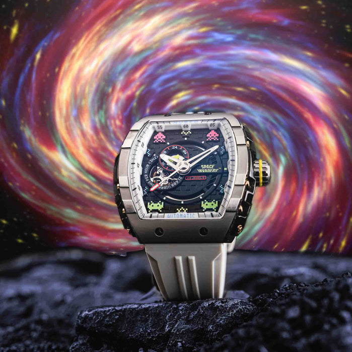Nubeo Magellan Automatic Space Invaders Stardust Silver Limited Edition angled shot picture