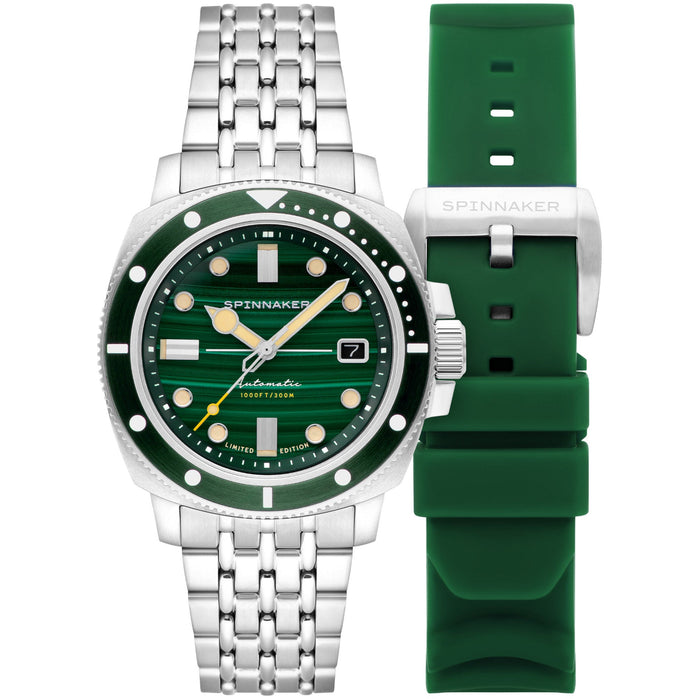 Spinnaker x Watches.com Hull Commander Automatic Malachite Limited Edition angled shot picture