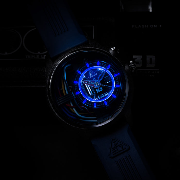 The Electricianz Carbon Z Black 45mm Blue Rubber angled shot picture
