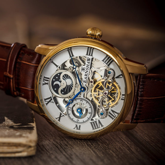 Thomas Earnshaw Longitude Automatic Gold Brown White angled shot picture