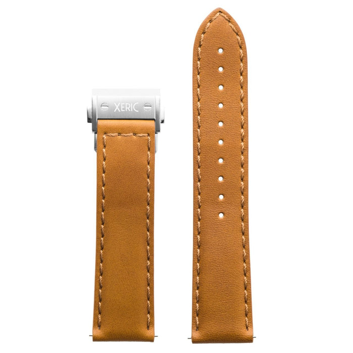 Xeric 22mm Horween Chromexcel Tan Strap Silver Hidden Deployant Clasp angled shot picture