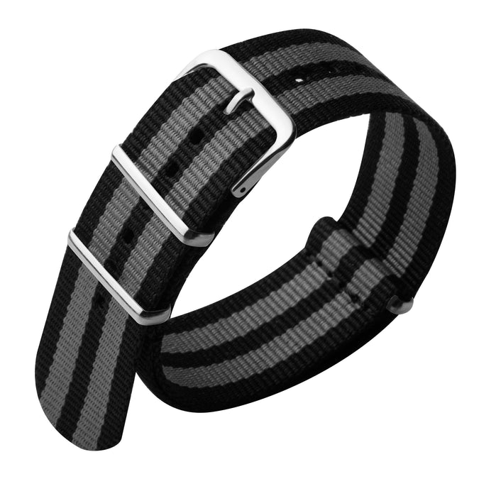 Xeric 22mm Military Strap Black Grey Stripes with Silver Hardware angled shot picture