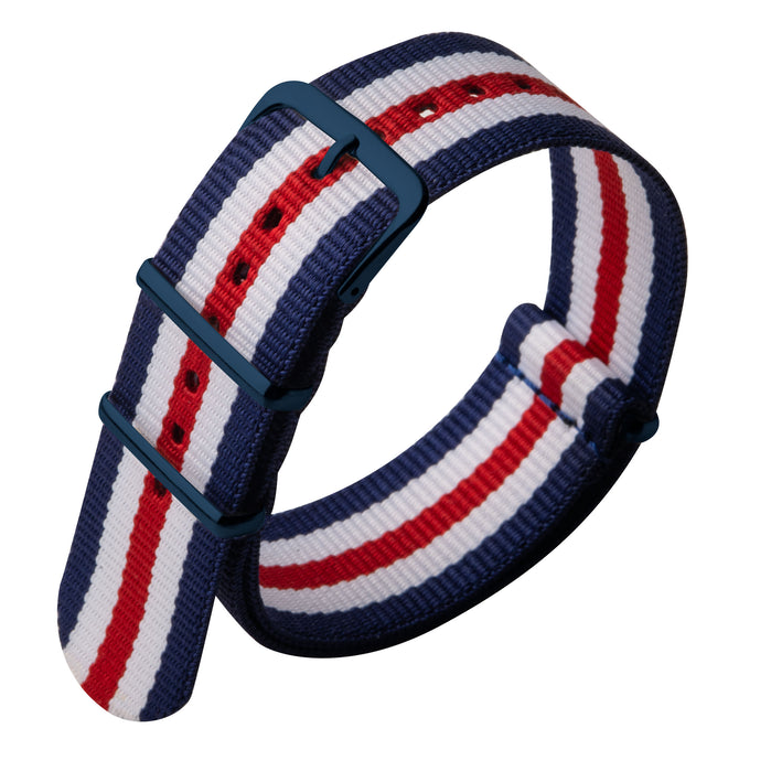 Xeric 22mm Military Strap Red White Blue with Blue Hardware angled shot picture
