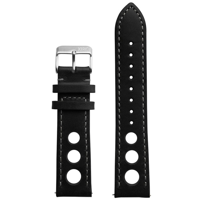 Xeric 22mm Horween Leather Rally Black Charcoal Strap Silver Buckle angled shot picture
