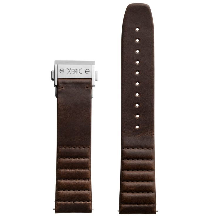 Xeric 22mm Ribbed Horween Leather Brown Strap with Silver Deployant Clasp