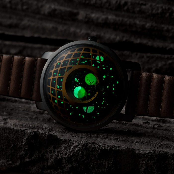 Xeric Trappist-1 American Moonphase Brass Green angled shot picture