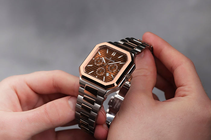 Oceaneva Tenuis Automatic Thin Calendar Brown Rose Gold angled shot picture