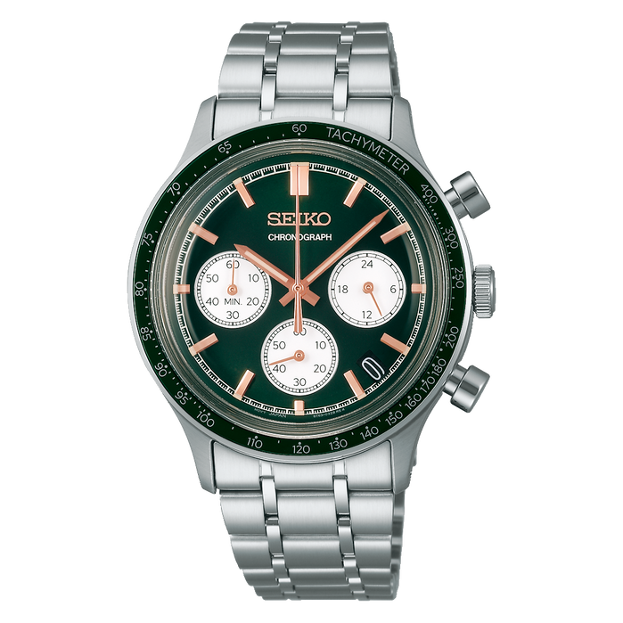 Seiko Discover More Chronograph Green SS angled shot picture