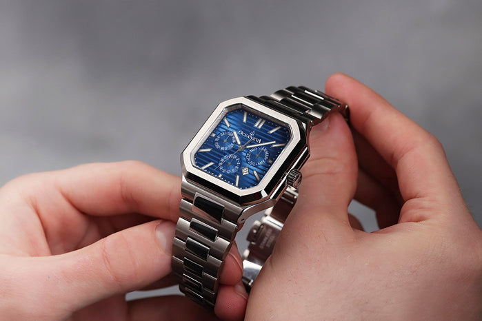 Oceaneva Tenuis Automatic Thin Calendar Blue angled shot picture