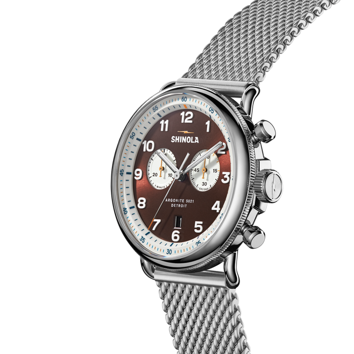 Shinola Canfield C56 Chrono 43mm Silver SS Whiskey angled shot picture