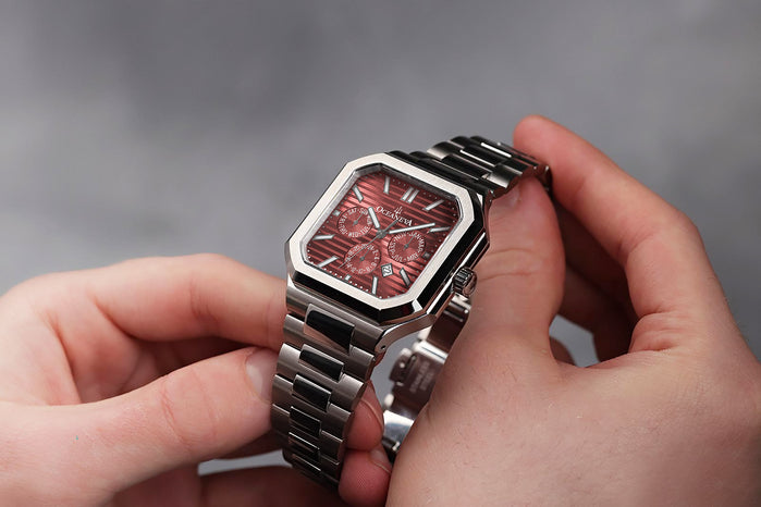 Oceaneva Tenuis Automatic Thin Calendar Burgundy angled shot picture