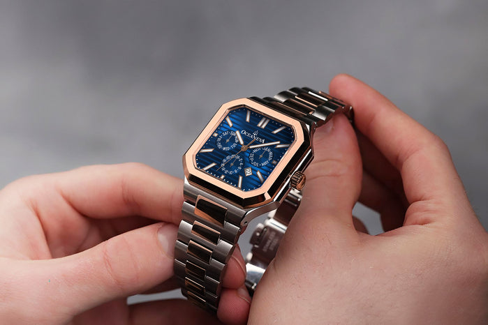Oceaneva Tenuis Automatic Thin Calendar Blue Rose Gold angled shot picture