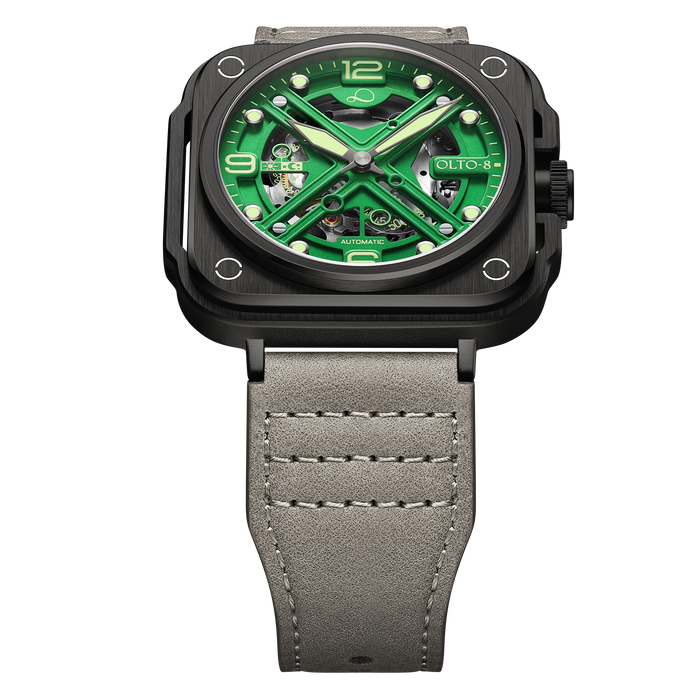 OLTO-8 IRON-X Square Skeleton Automatic Watch Green angled shot picture