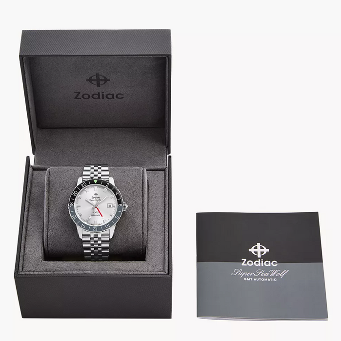 Zodiac Super Sea Wolf GMT Automatic Silver SS angled shot picture
