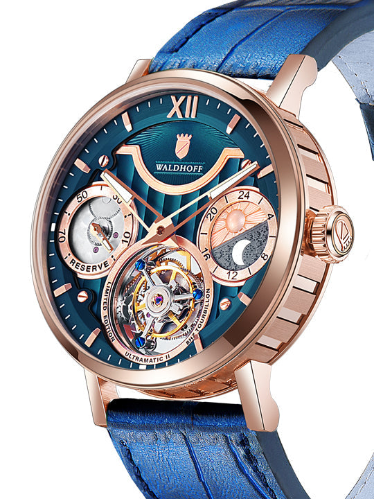 Manufaktur Waldhoff Ultramatic II Royal Blue Rose Gold angled shot picture