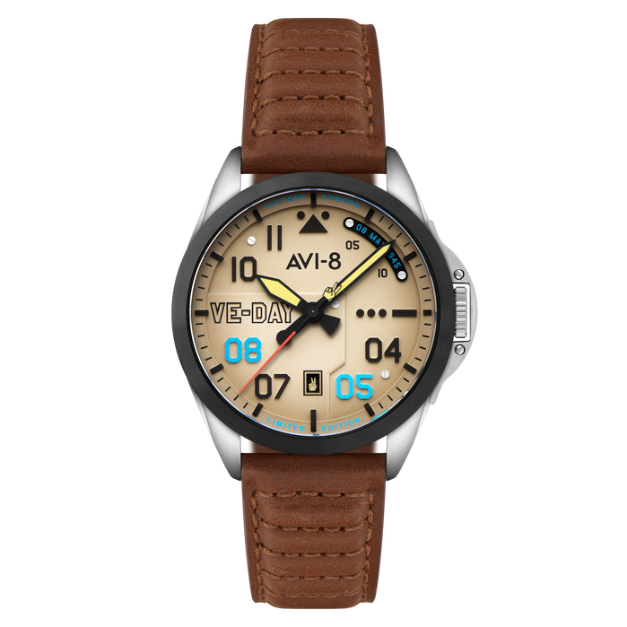 AVI-8 P-51 Mustang Patriot Automatic VE-Day 80th Limited Edition Victory Cream angled shot picture