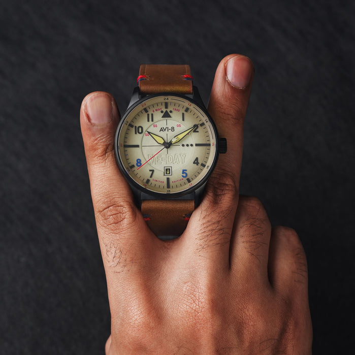 AVI-8 Hawker Hurricane Kent Automatic VE-Day 80th Limited Edition Vanguard Beige angled shot picture