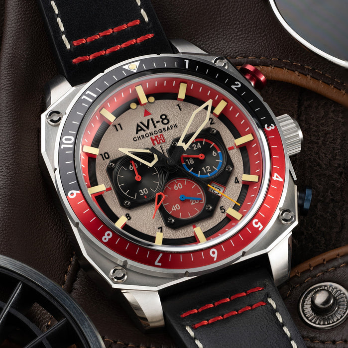 AVI-8 Hawker Hunter Atlas Dual Time Chronograph Hazard Red angled shot picture