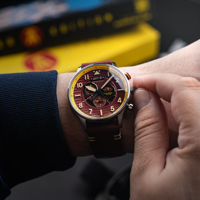 AVI-8 Flyboy Spirit Of Tuskegee Chronograph Limited Edition Brown angled shot picture
