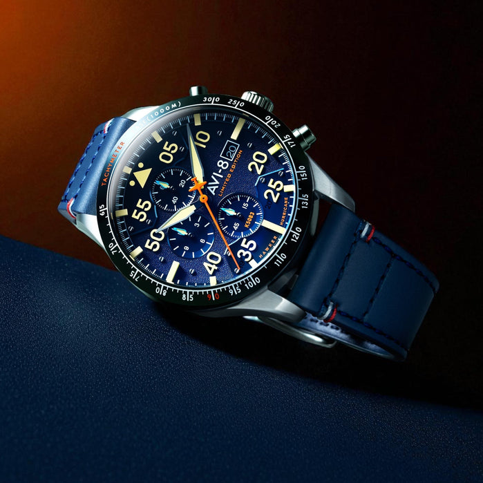 AVI-8 Hawker Hurricane 90th Anniversary Chronograph Limited Edition Blue Horizon angled shot picture