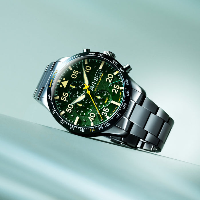 AVI-8 Hawker Hurricane 90th Anniversary Chronograph Limited Edition Tarmac Green angled shot picture