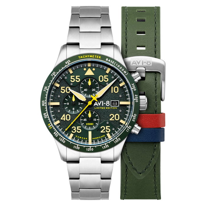 AVI-8 Hawker Hurricane 90th Anniversary Chronograph Limited Edition Tarmac Green angled shot picture