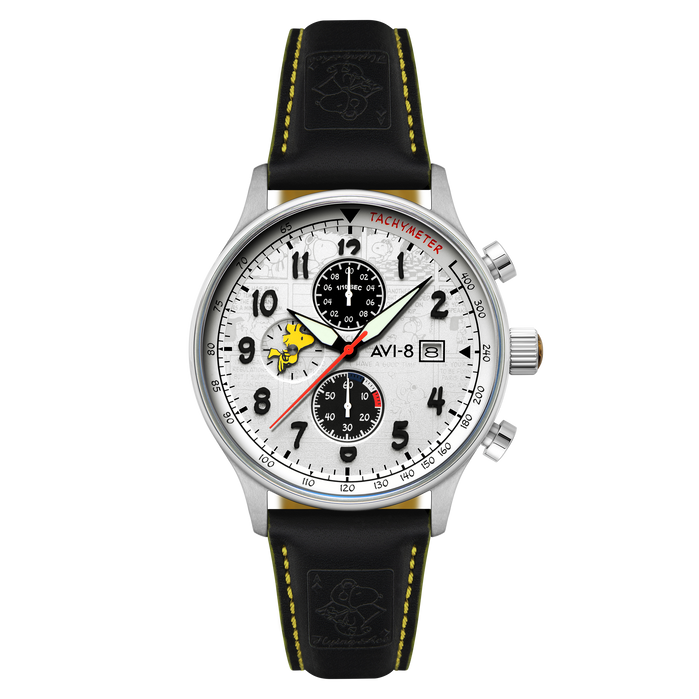AVI-8 Hawker Hurricane Classic Chronograph Peanuts Snoopy Flying Ace Woodstock White Limited Edition angled shot picture