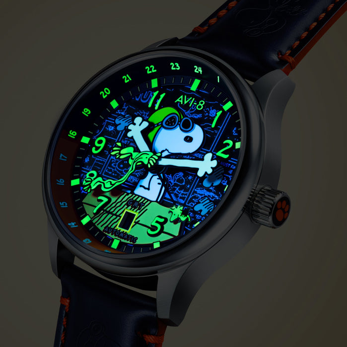 AVI-8 Hawker Hurricane Kent GMT Automatic Peanuts Snoopy Flying Ace Limited Edition Sketchbook Blue angled shot picture