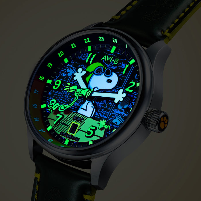 AVI-8 Hawker Hurricane Kent GMT Automatic Peanuts Snoopy Flying Ace Limited Edition Winter Green angled shot picture