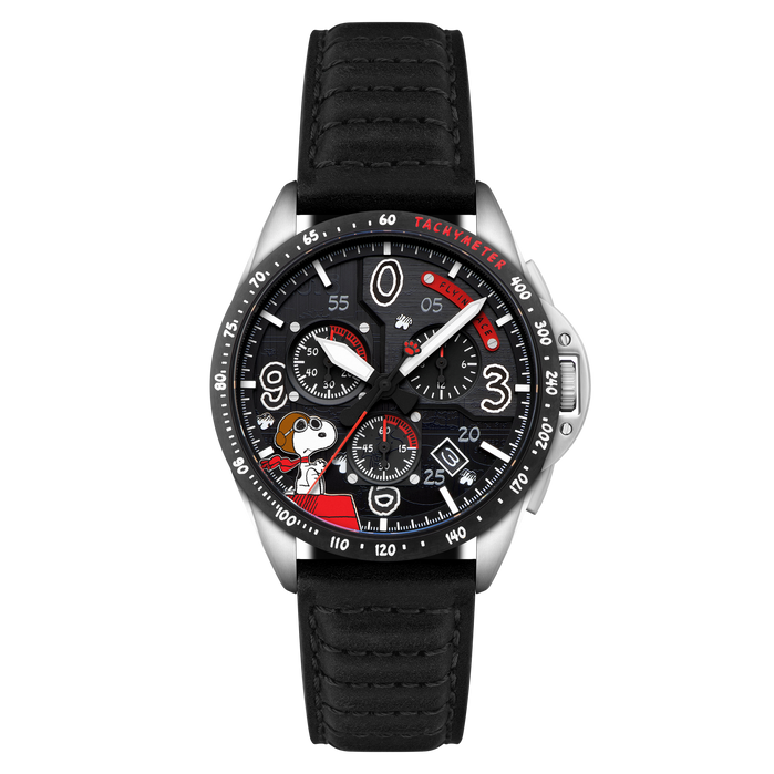 AVI-8 P-51 Mustang Blakeslee Chronograph Peanuts Snoopy Flying Ace Biplane Black Limited Edition angled shot picture