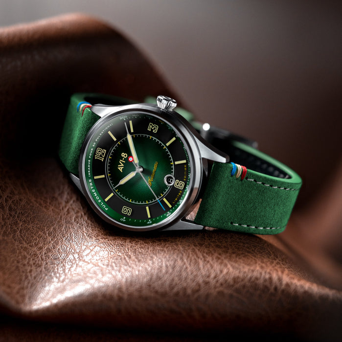 AVI-8 Flyboy Lafayette Automatic 110th Anniversary Limited Edition Mossy Hue angled shot picture