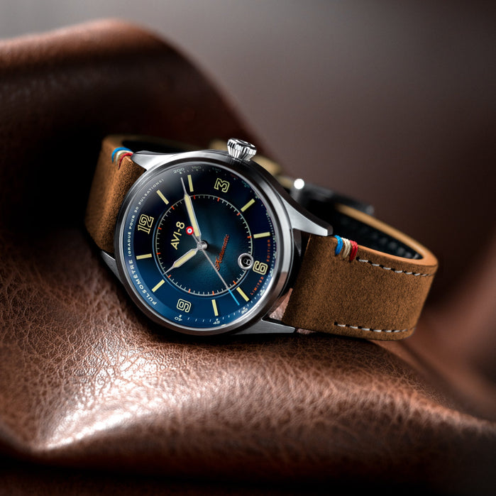 AVI-8 Flyboy Lafayette Automatic 110th Anniversary Limited Edition Blue Horizon angled shot picture