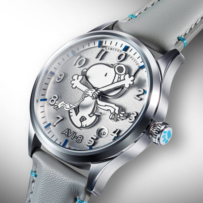 AVI-8 Flyboy Engineer Automatic Peanuts Snoopy Flying Ace Monotone Limited Edition Cloud Cover angled shot picture