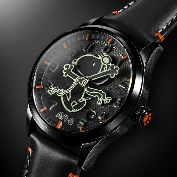 AVI-8 Flyboy Engineer Automatic Peanuts Snoopy Flying Ace Monotone Limited Edition Obsidian Ace angled shot picture