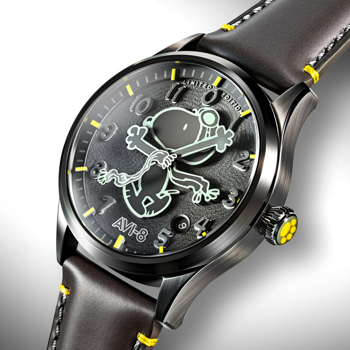 AVI-8 Flyboy Engineer Automatic Peanuts Snoopy Flying Ace Monotone Limited Edition Grey Glider angled shot picture