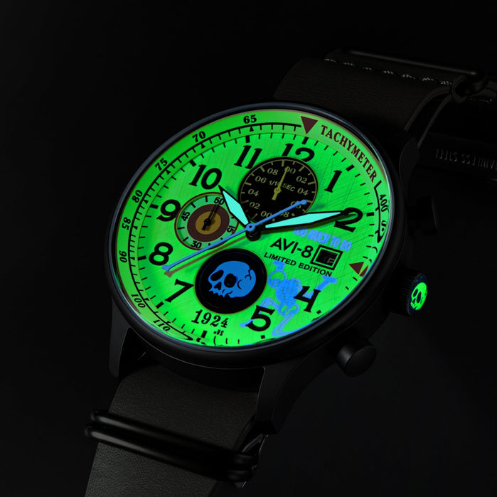 AVI-8 Hawker Hurricane Classic Chronograph 1924us Mr. Skelly Charcoal Cream Limited Edition angled shot picture