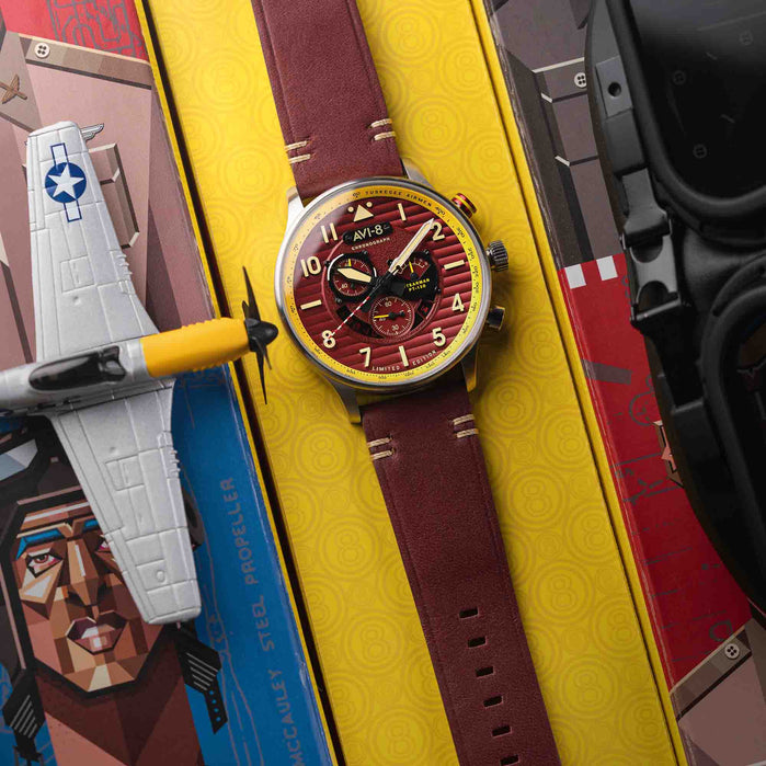 AVI-8 Flyboy Spirit Of Tuskegee Chronograph Brown Red Limited Edition angled shot picture
