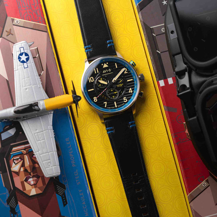 AVI-8 Flyboy Spirit Of Tuskegee Chronograph Parrish Blue Limited Edition angled shot picture