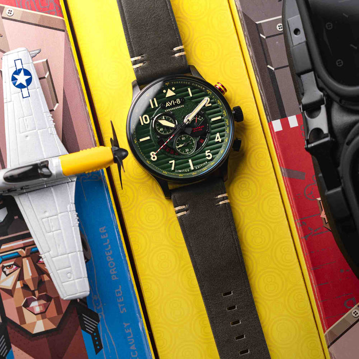 AVI-8 Flyboy Spirit Of Tuskegee Chronograph Roberts Green Limited Edition angled shot picture