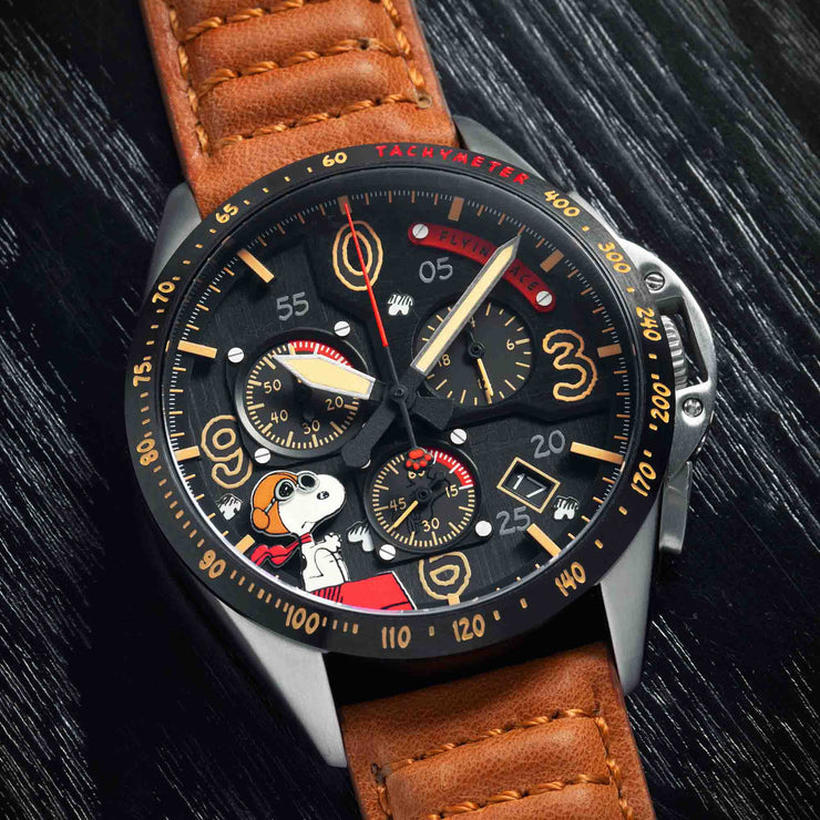 P-51 Mustang Blakeslee Chronograph Peanuts Snoopy Flying Ace Biplane Brown Limited Edition