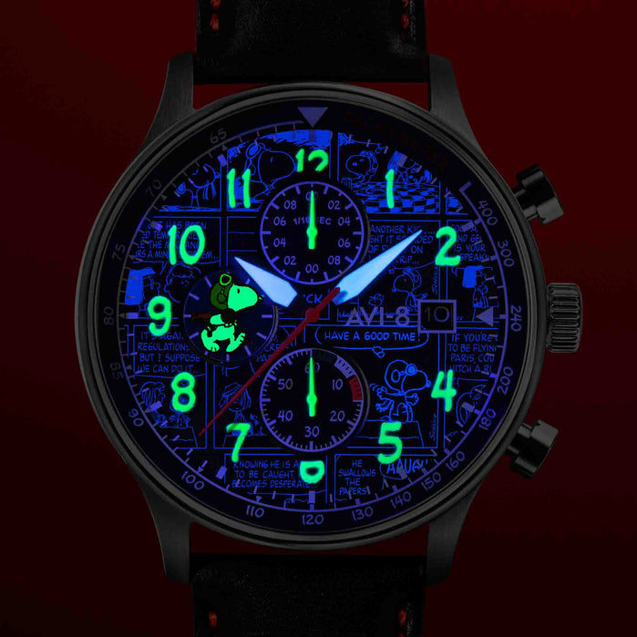 AVI-8 Hawker Hurricane Classic Chronograph Peanuts Snoopy Flying Ace Black Limited Edition angled shot picture