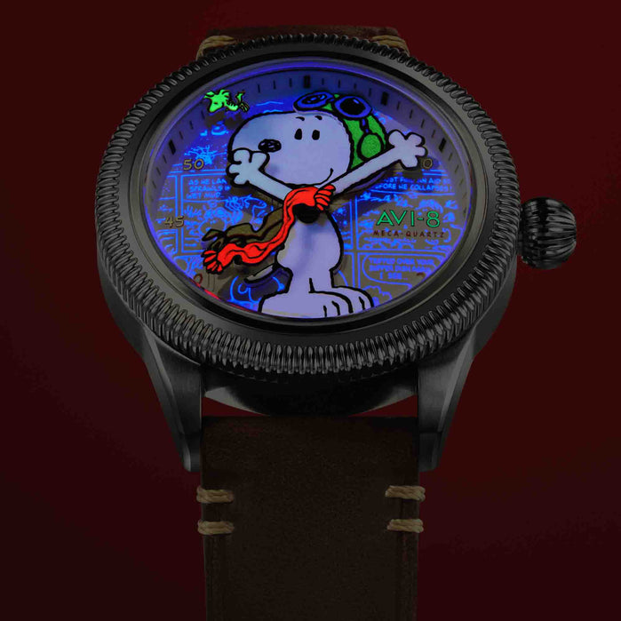 AVI-8 Flyboy Airmaster 40 Meca-Quartz Peanuts Snoopy Flying Ace Camel Brown Limited Edition angled shot picture