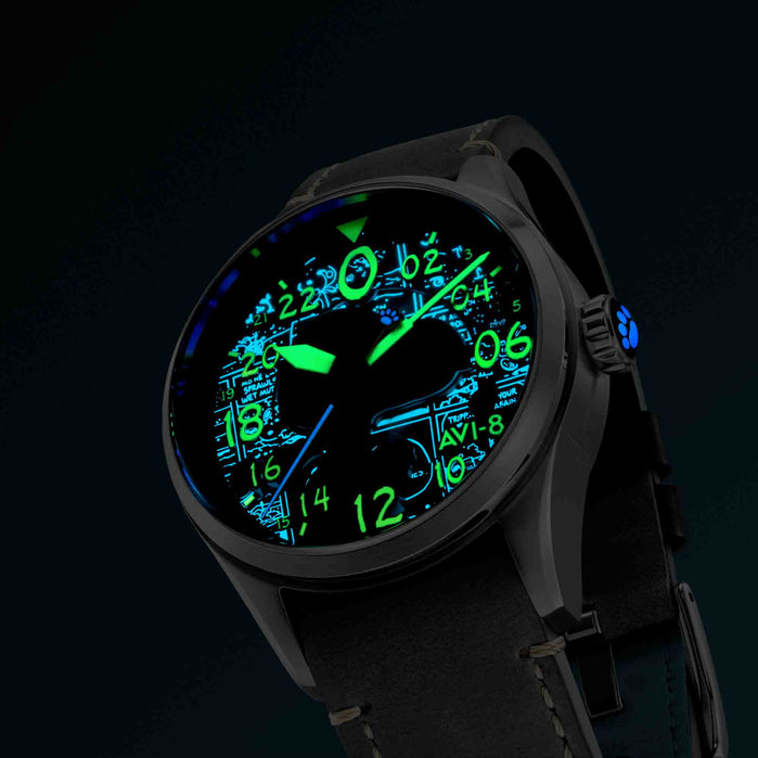AVI-8 Spitfire Peanuts Snoopy Flying Ace 24 Hour Automatic Charcoal Gray Limited Edition angled shot picture