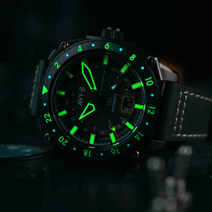 AVI-8 Hawker Hunter Atlas GMT Automatic Amazon Green angled shot picture