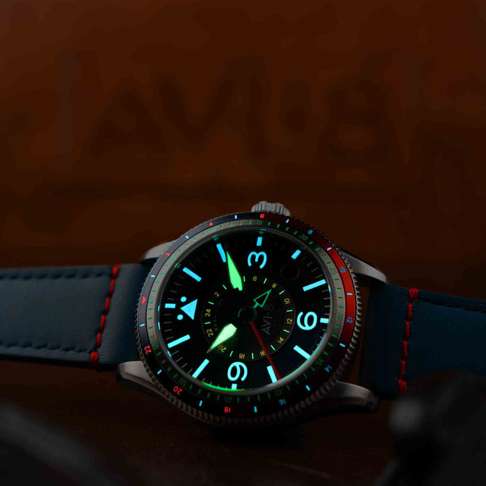 AVI-8 Flyboy Airmaster GMT Automatic Cockpit Blue angled shot picture