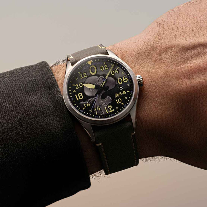 AVI-8 Spitfire Peanuts Snoopy Flying Ace 24 Hour Automatic Limited Edition Charcoal Grey angled shot picture